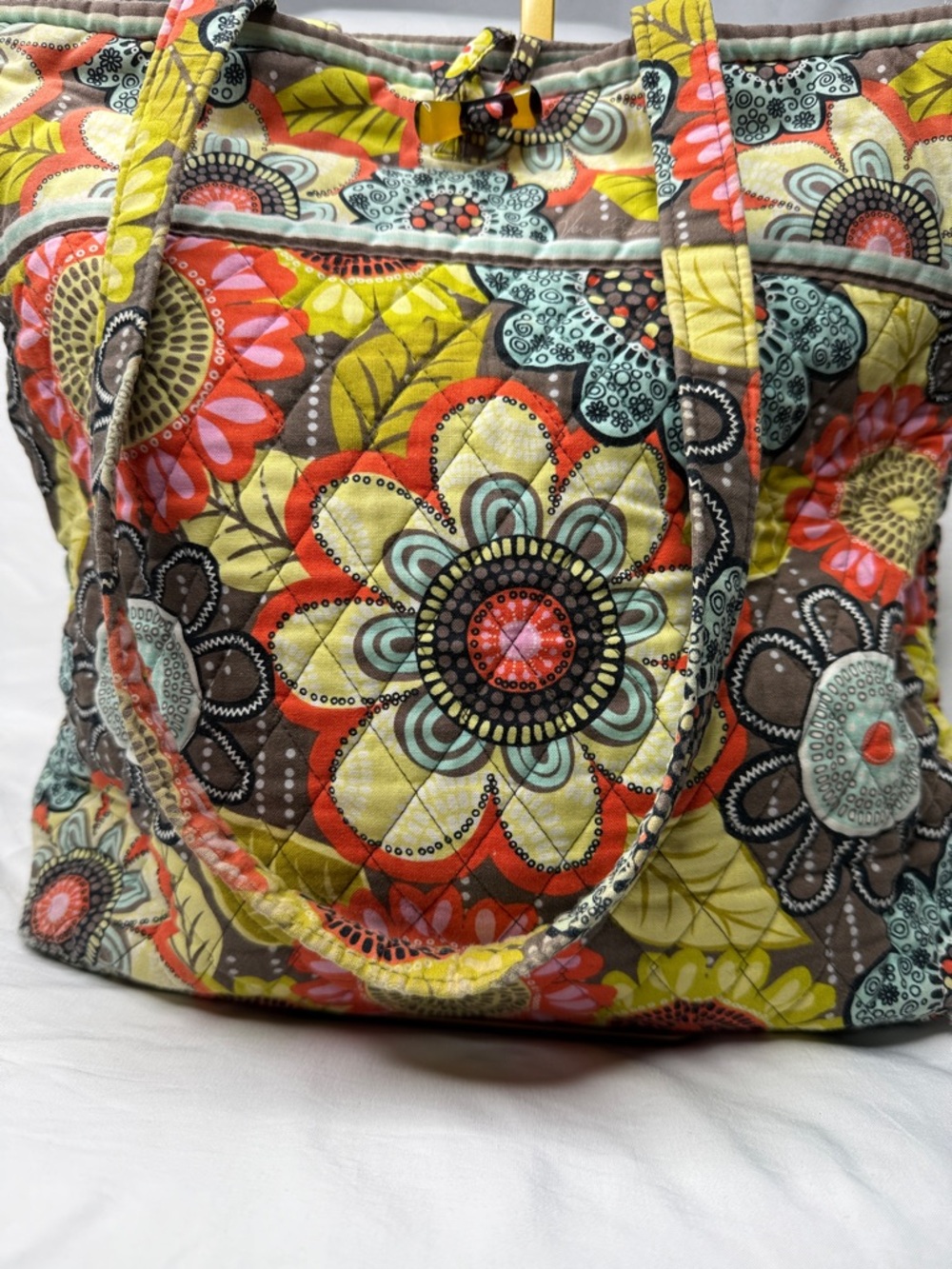 Vtg Vera Bradley Quilted Floral Tote Bag in Yellow and Coral